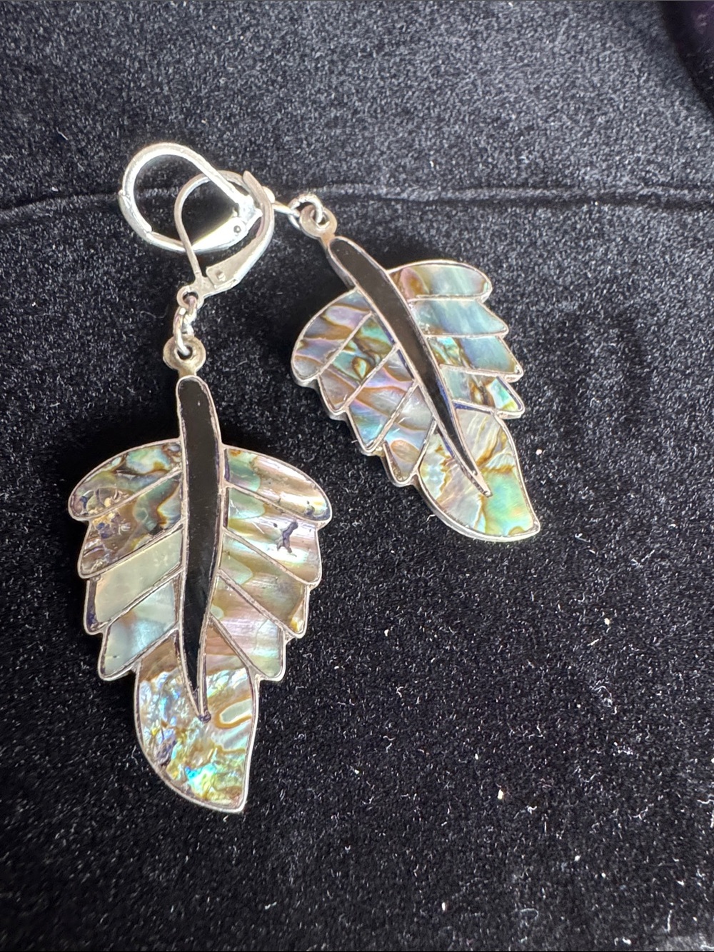 Sterling Silver Vintage  Abalone Shell Leaf Drop Earrings - Iridescent Green